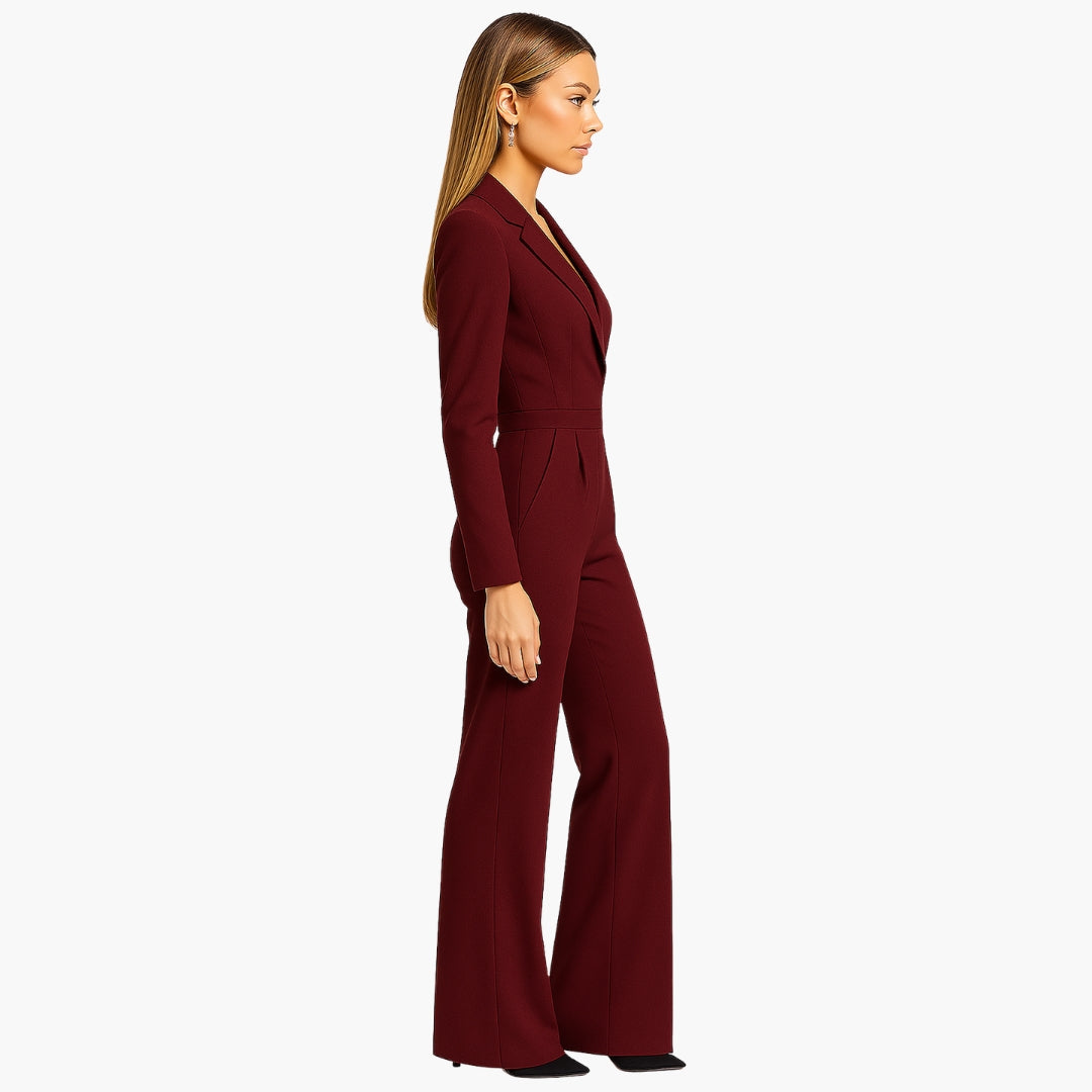 Women's Jumpsuit with Collar and Flaps and Long Sleeves | Wide-Leg Cut