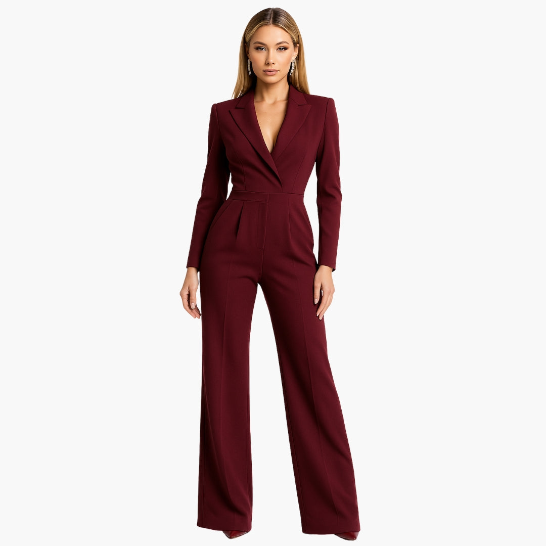 Women's Jumpsuit with Collar and Flaps and Long Sleeves | Wide-Leg Cut