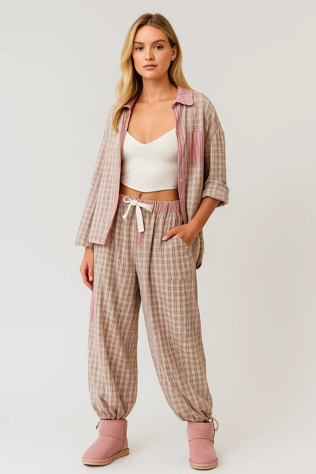 Damski Komplet Casual | Koszula Oversize Na Guziki | Luźne Spodnie Jogger | Nowoczesny Styl Na Co Dzień