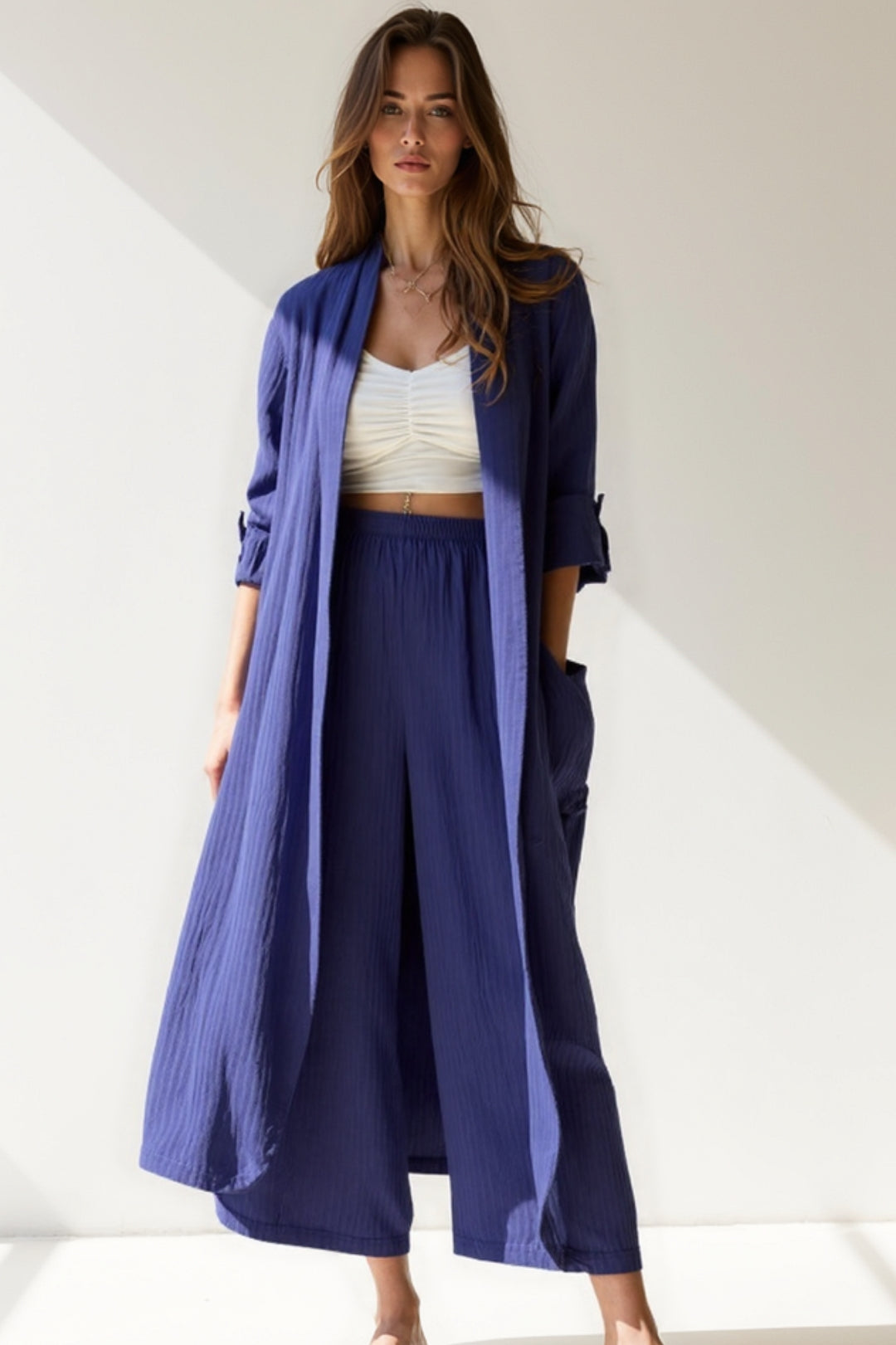 Women's Co-Ord Set | Long Cardigan with Fluid Lines | Wide Pants | Modern Feminine Style