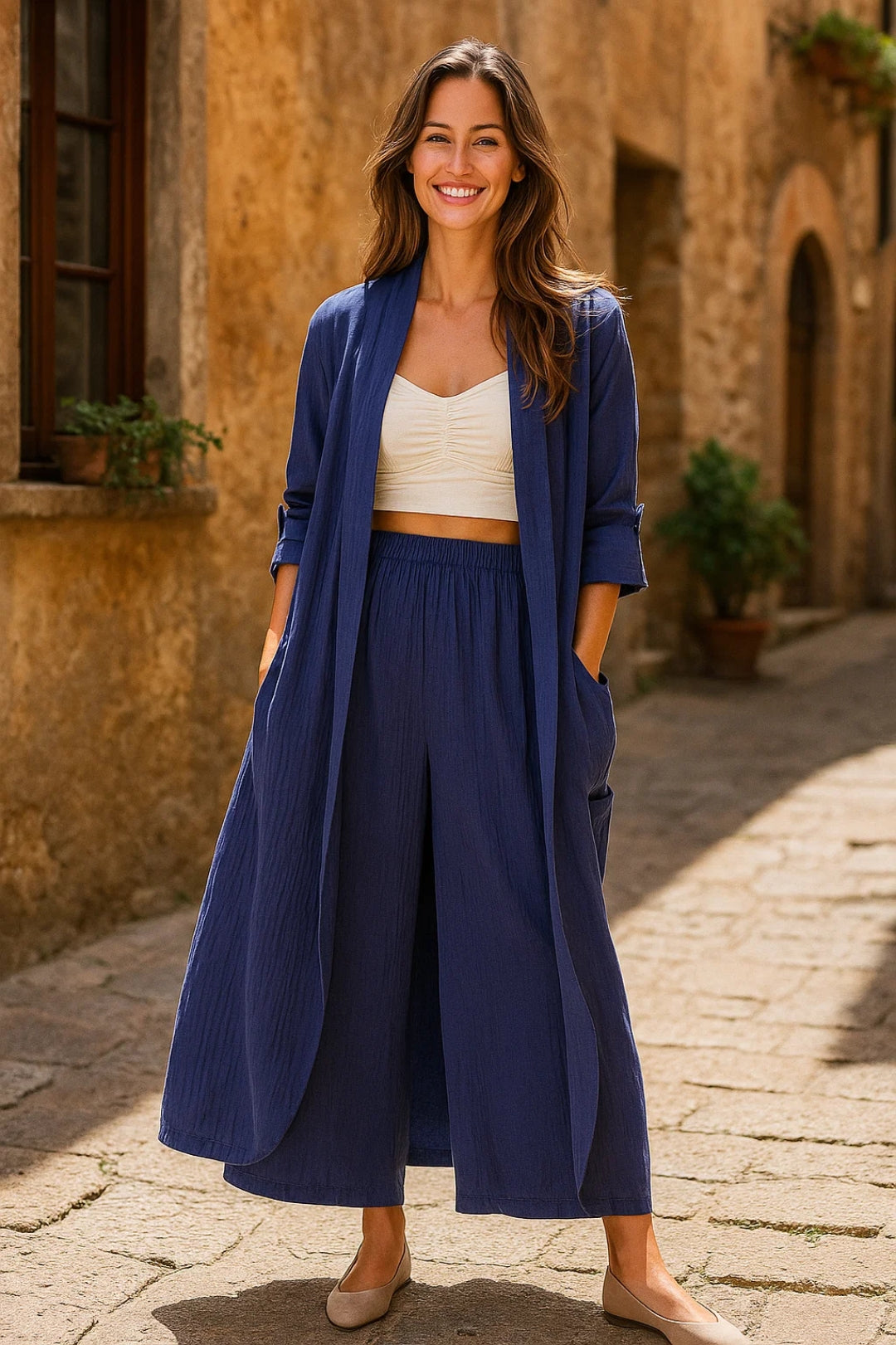Women's Co-Ord Set | Long Cardigan with Fluid Lines | Wide Pants | Modern Feminine Style