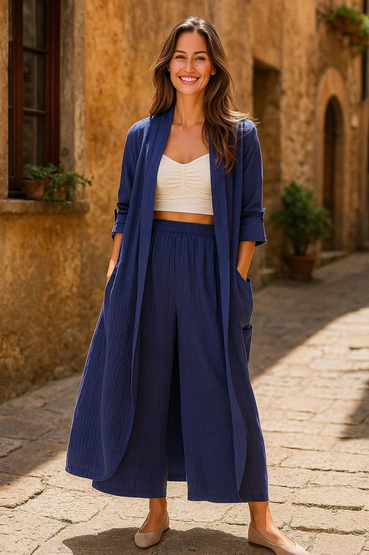 Women's Co-Ord Set | Long Cardigan with Fluid Lines | Wide Pants | Modern Feminine Style