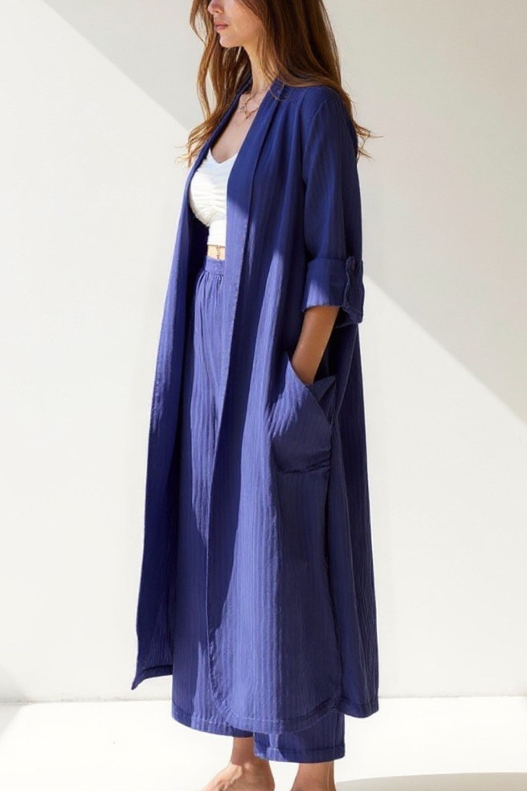 Women's Co-Ord Set | Long Cardigan with Fluid Lines | Wide Pants | Modern Feminine Style