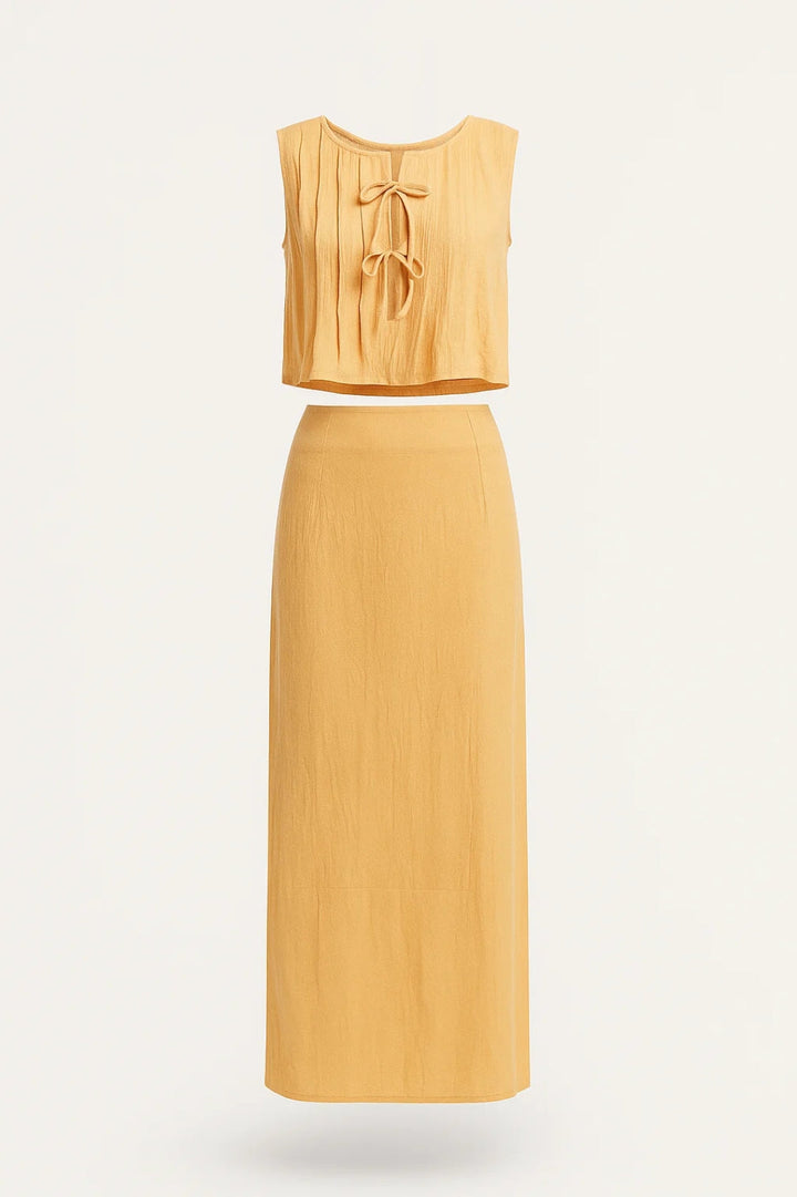 Damski Komplet Dwuczęściowy | Luźny Top i Długa Spódnica Maxi | Wiązanie Z Przodu | Elegancki Styl Letni