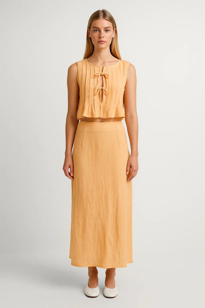 Damski Komplet Dwuczęściowy | Luźny Top i Długa Spódnica Maxi | Wiązanie Z Przodu | Elegancki Styl Letni