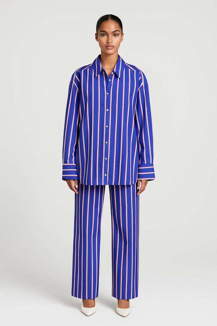 Women's Striped Set | Oversized Button-Up Shirt | Straight Pants | Modern Urban Style