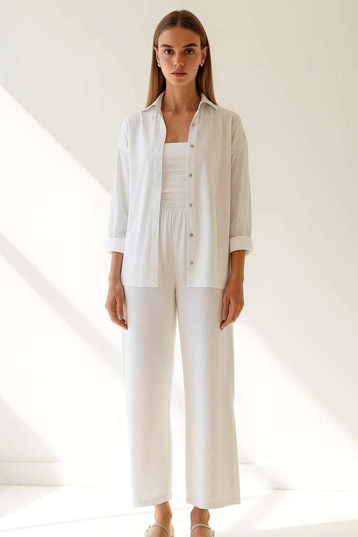 Damski Nowoczesny Komplet | Luźna Koszula Na Guziki | Zwiewne Spodnie Wide Leg | Elegancki Styl Na Co Dzień