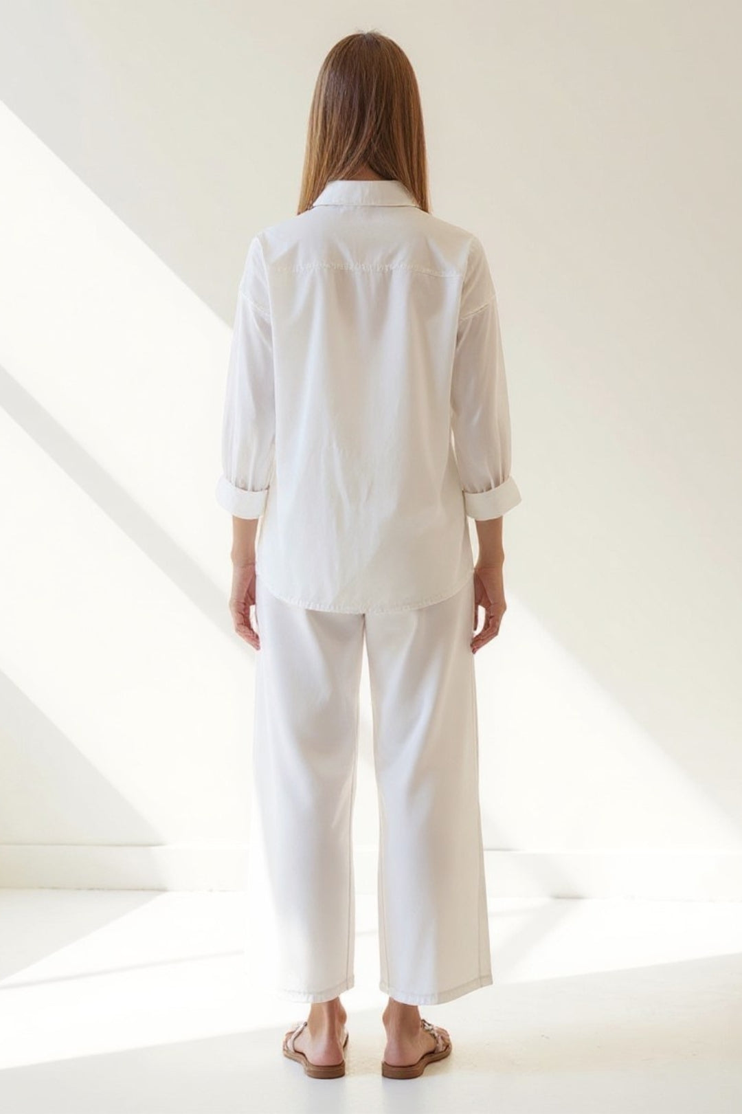 Damski Nowoczesny Komplet | Luźna Koszula Na Guziki | Zwiewne Spodnie Wide Leg | Elegancki Styl Na Co Dzień