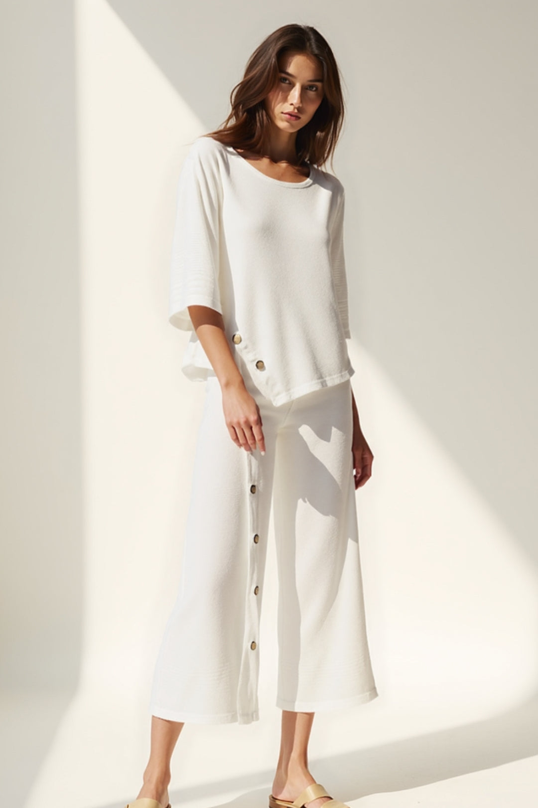 Damski Komplet Dwuczęściowy | Komplet Relaxed Fit z Bluzką i Spódnicą Midi | Boczne Guziki | Styl Casual Elegance