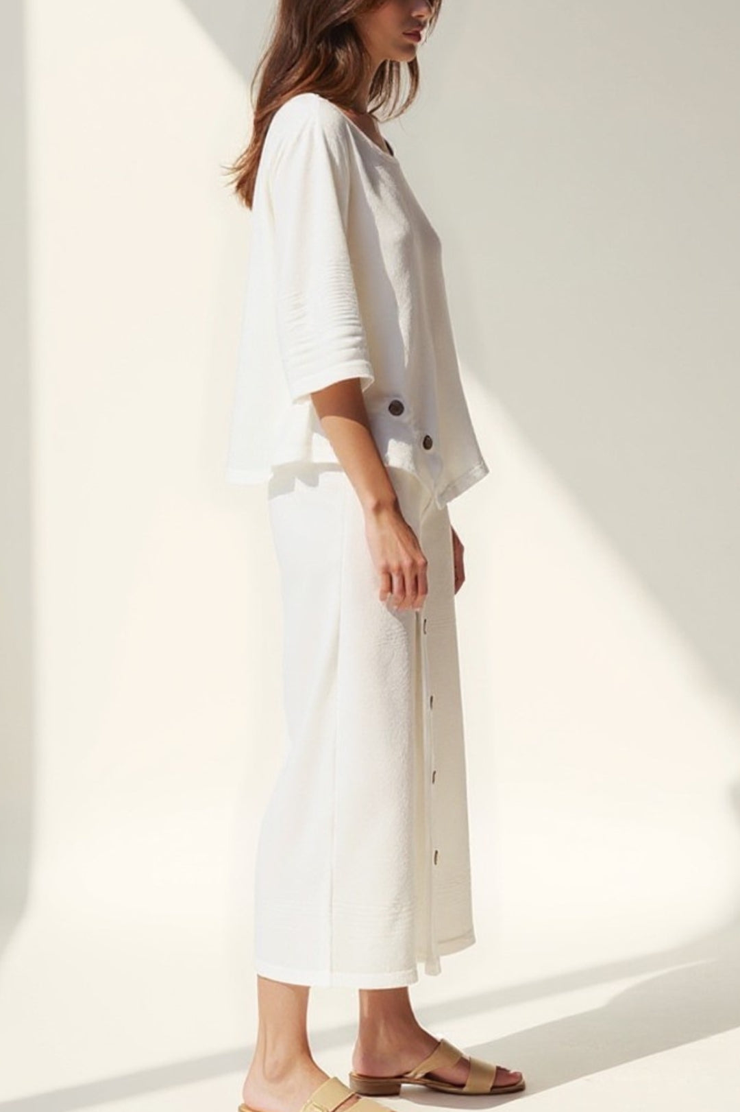 Damski Komplet Dwuczęściowy | Komplet Relaxed Fit z Bluzką i Spódnicą Midi | Boczne Guziki | Styl Casual Elegance