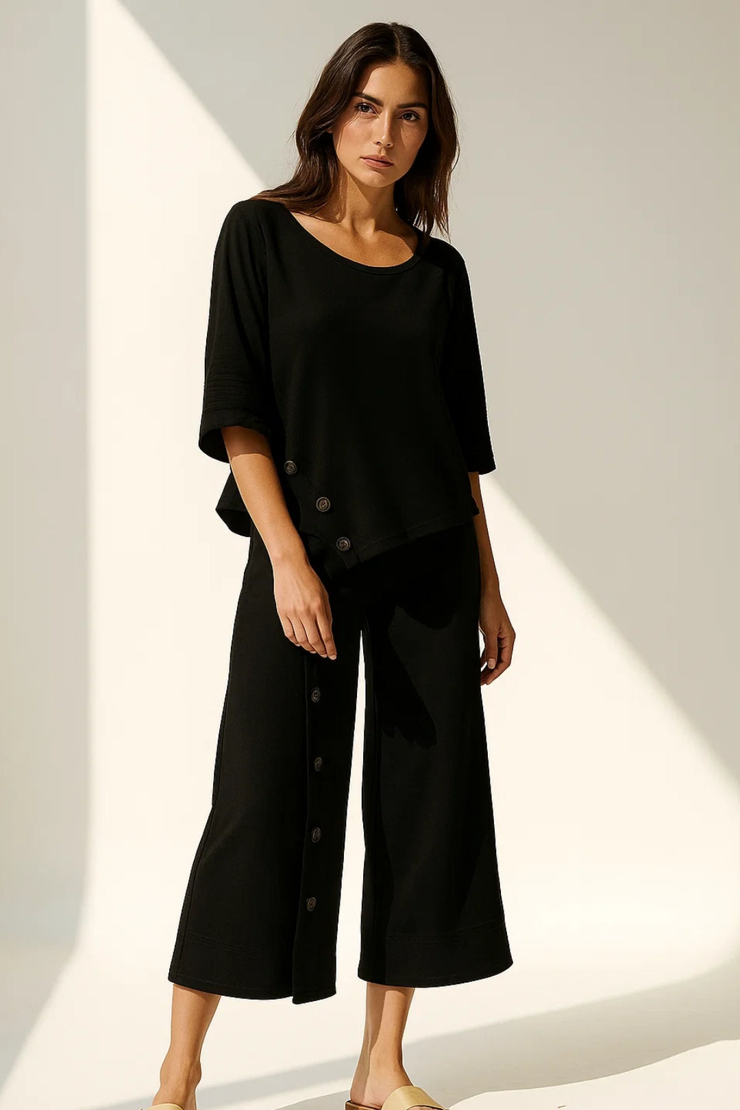 Damski Komplet Dwuczęściowy | Komplet Relaxed Fit z Bluzką i Spódnicą Midi | Boczne Guziki | Styl Casual Elegance