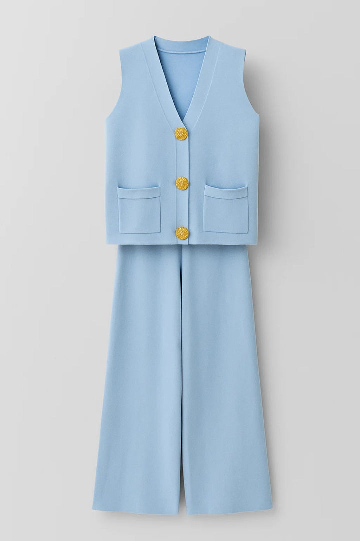 Women's Two-Piece Set | Regular Fit Vest and Wide Pants | Button Closure | Elegant Modern Style