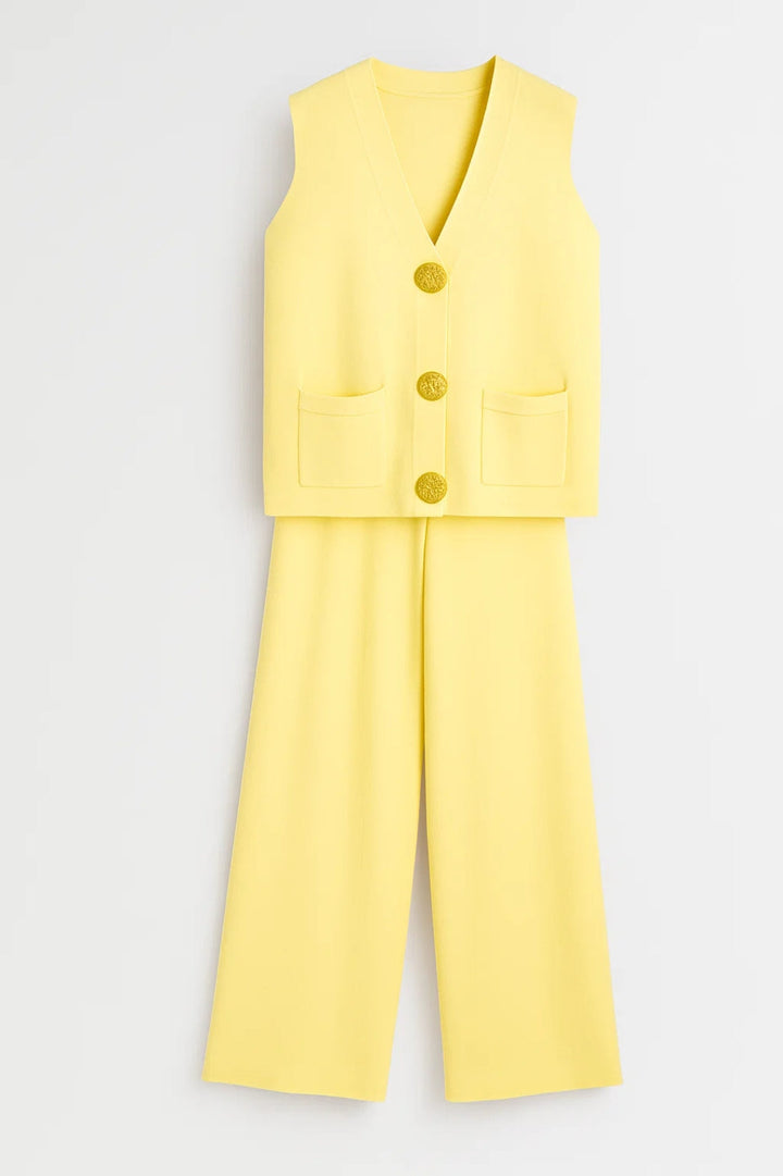 Women's Two-Piece Set | Regular Fit Vest and Wide Pants | Button Closure | Elegant Modern Style