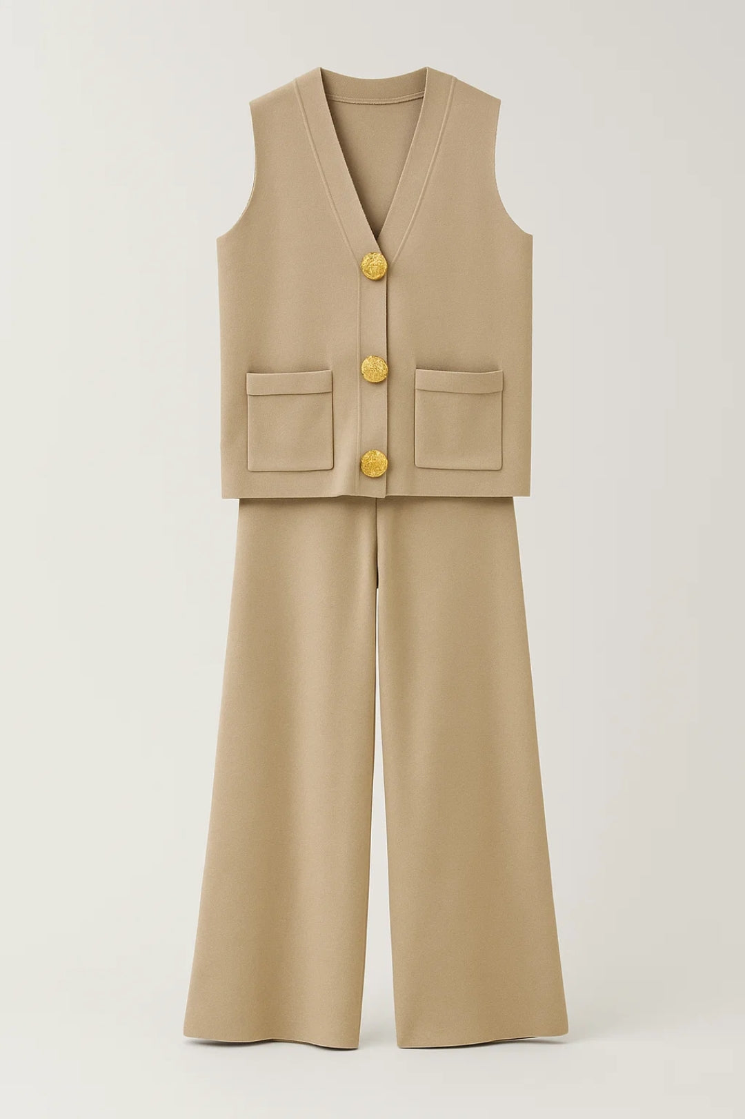 Women's Two-Piece Set | Regular Fit Vest and Wide Pants | Button Closure | Elegant Modern Style