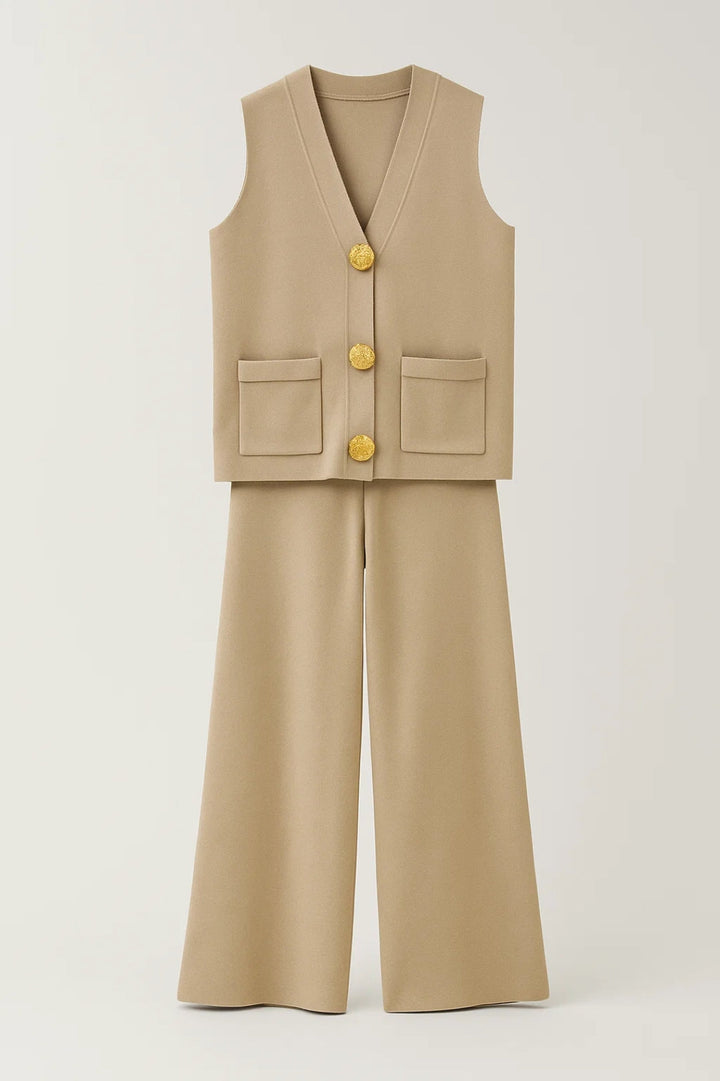 Women's Two-Piece Set | Regular Fit Vest and Wide Pants | Button Closure | Elegant Modern Style