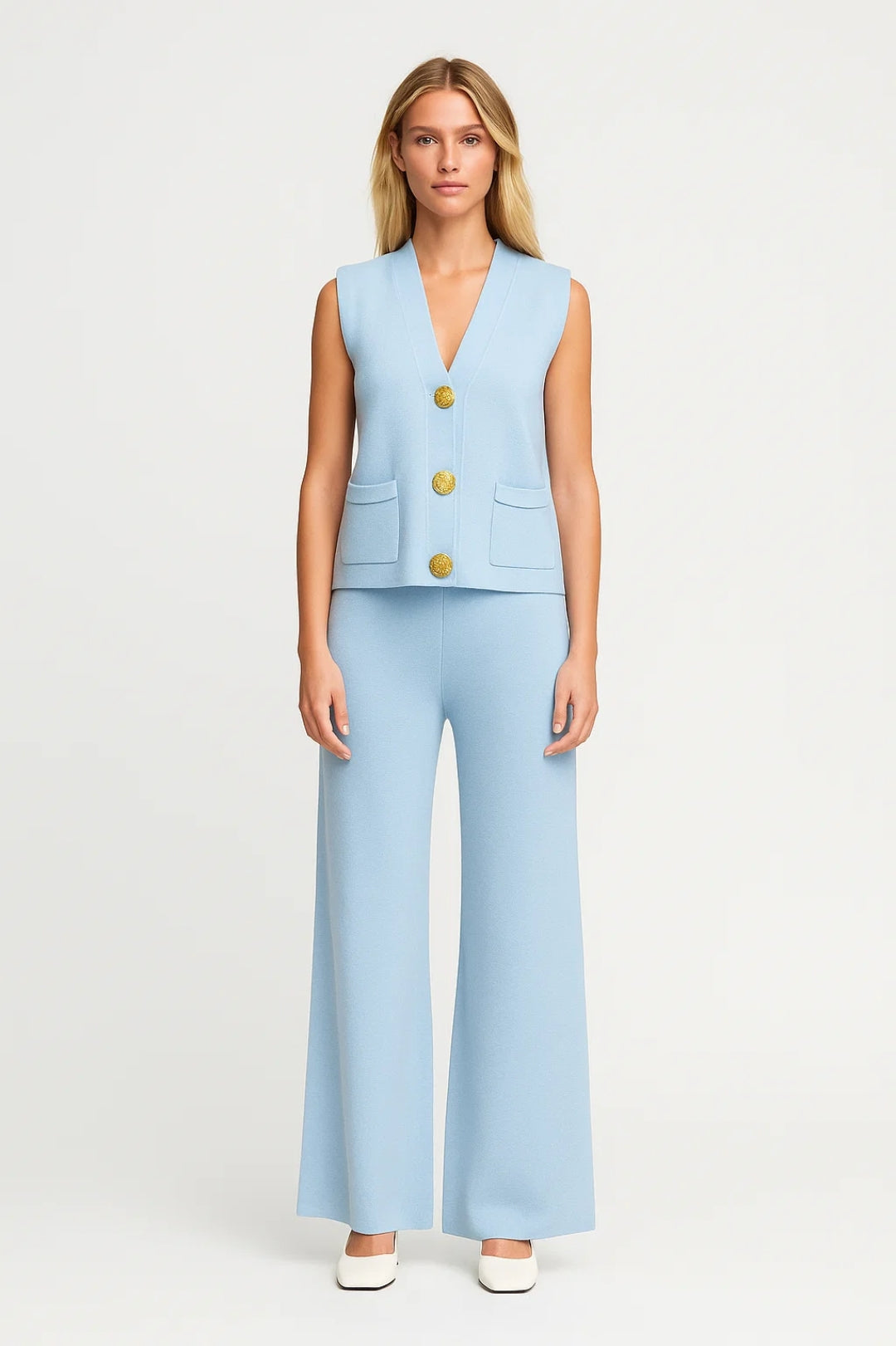 Women's Two-Piece Set | Regular Fit Vest and Wide Pants | Button Closure | Elegant Modern Style