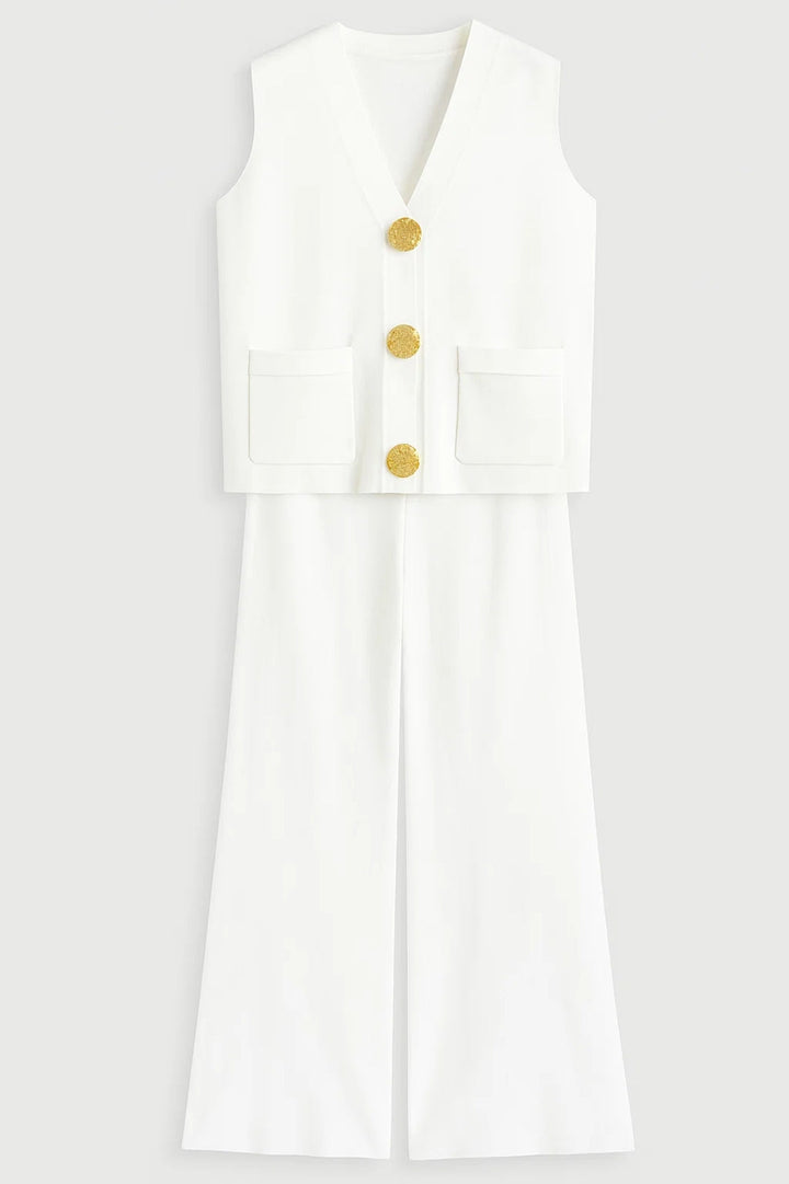 Women's Two-Piece Set | Regular Fit Vest and Wide Pants | Button Closure | Elegant Modern Style