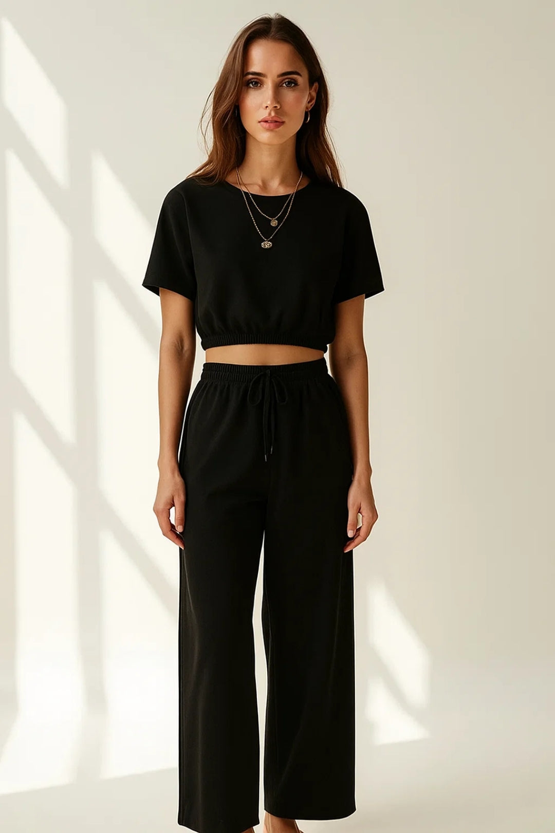 Women's Modern Set | Short Top | Flowing Wide Leg Pants | Elegant Everyday Style