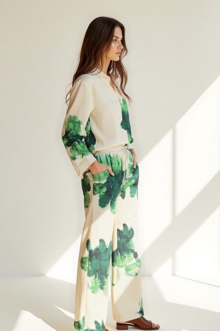 Women's Co-Ord Set | Floral Print Shirt | Wide Flowing Pants | Modern Feminine Style