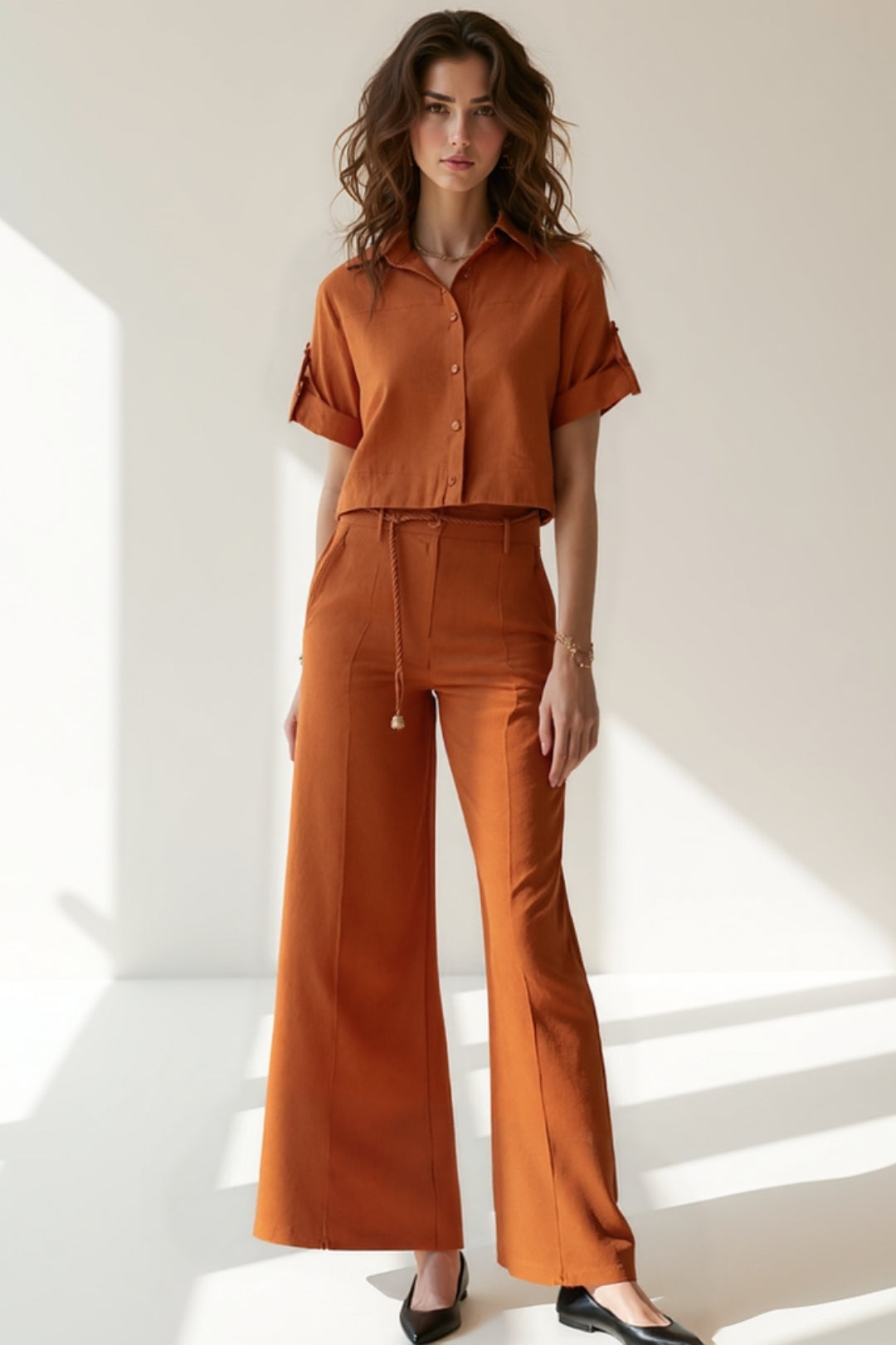 Women's Co-Ord Set | Short Sleeve Crop Shirt | Bell Bottom Pants | Modern Feminine Style