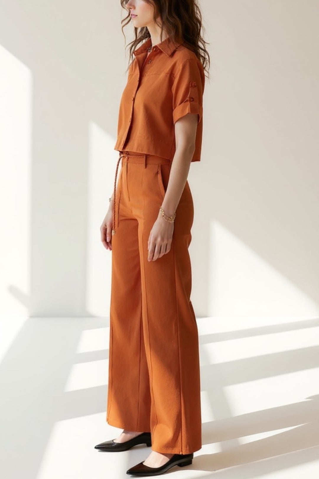 Women's Co-Ord Set | Short Sleeve Crop Shirt | Bell Bottom Pants | Modern Feminine Style