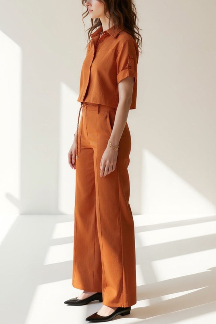Women's Co-Ord Set | Short Sleeve Crop Shirt | Bell Bottom Pants | Modern Feminine Style