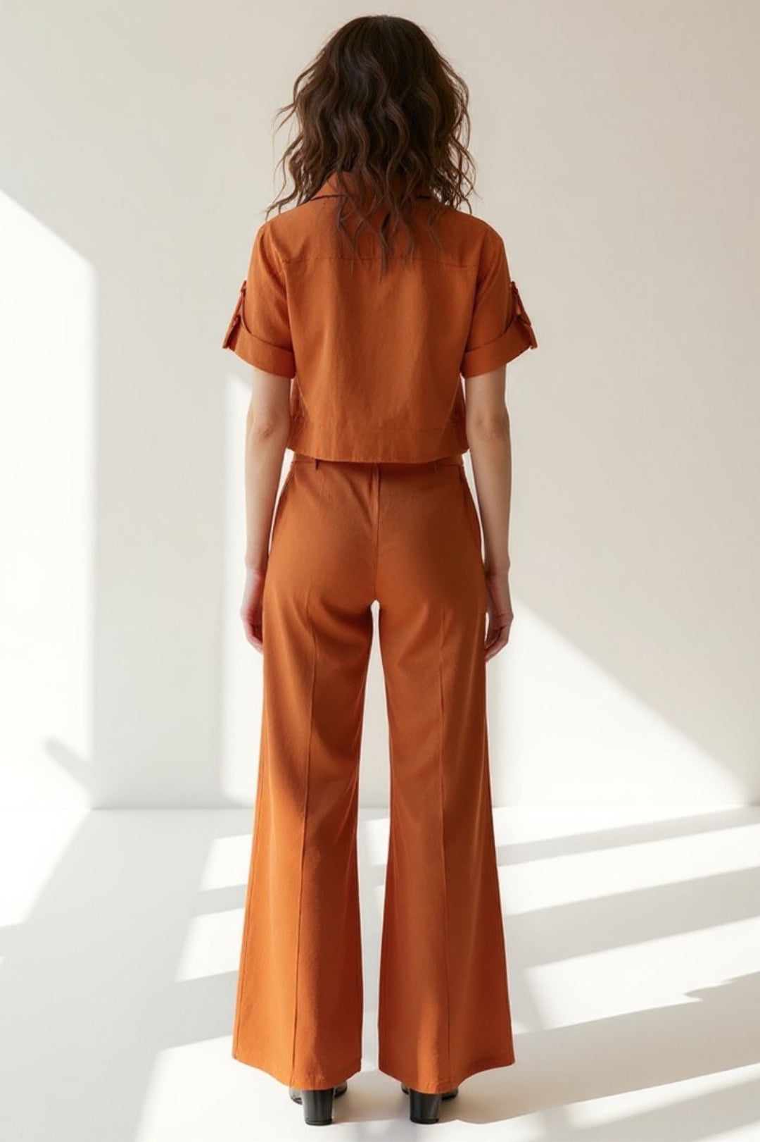 Women's Co-Ord Set | Short Sleeve Crop Shirt | Bell Bottom Pants | Modern Feminine Style