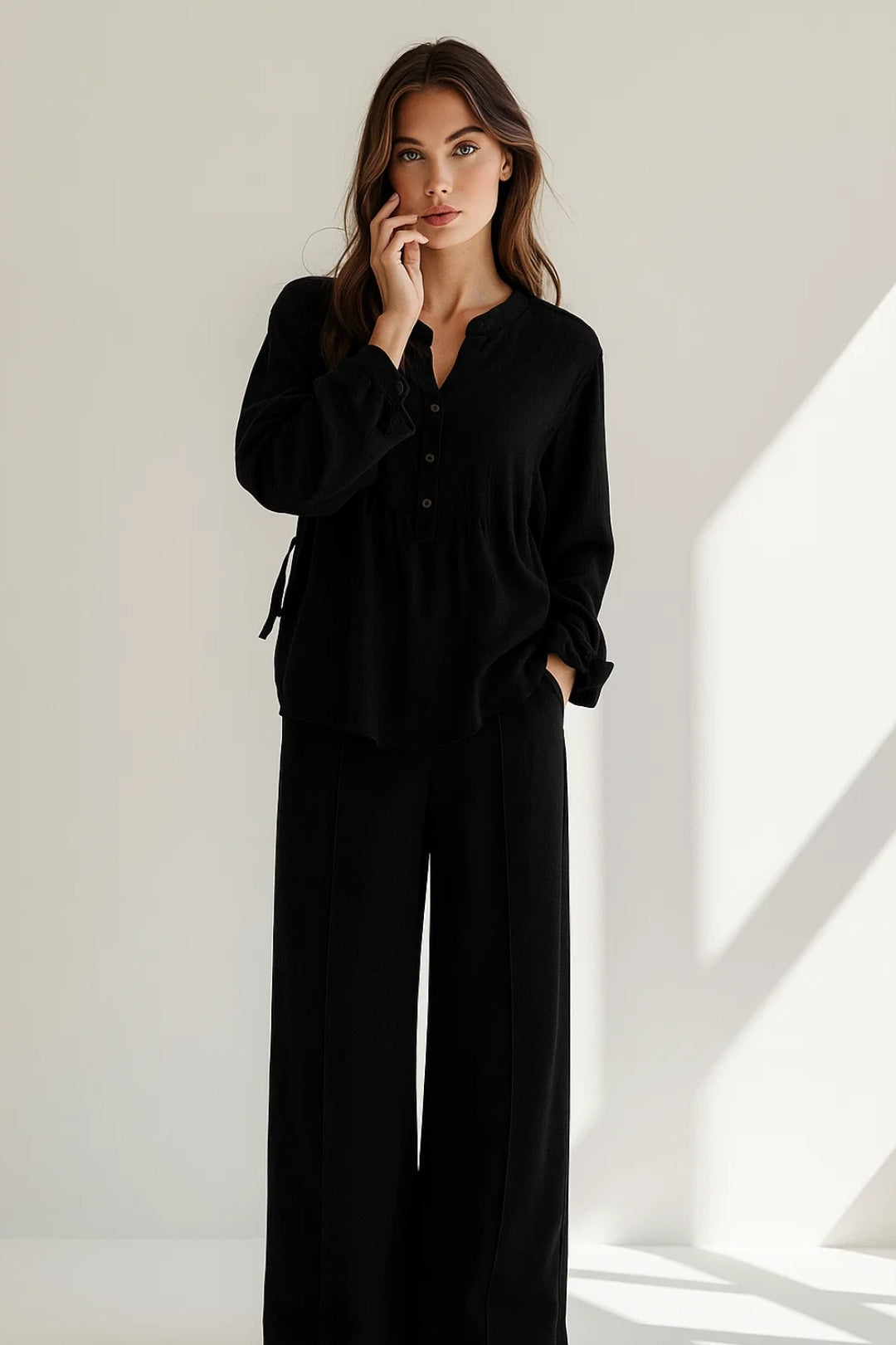 Women's Co-Ord Set | Sheer Long Sleeve Blouse | Wide Pants | Modern Feminine Style