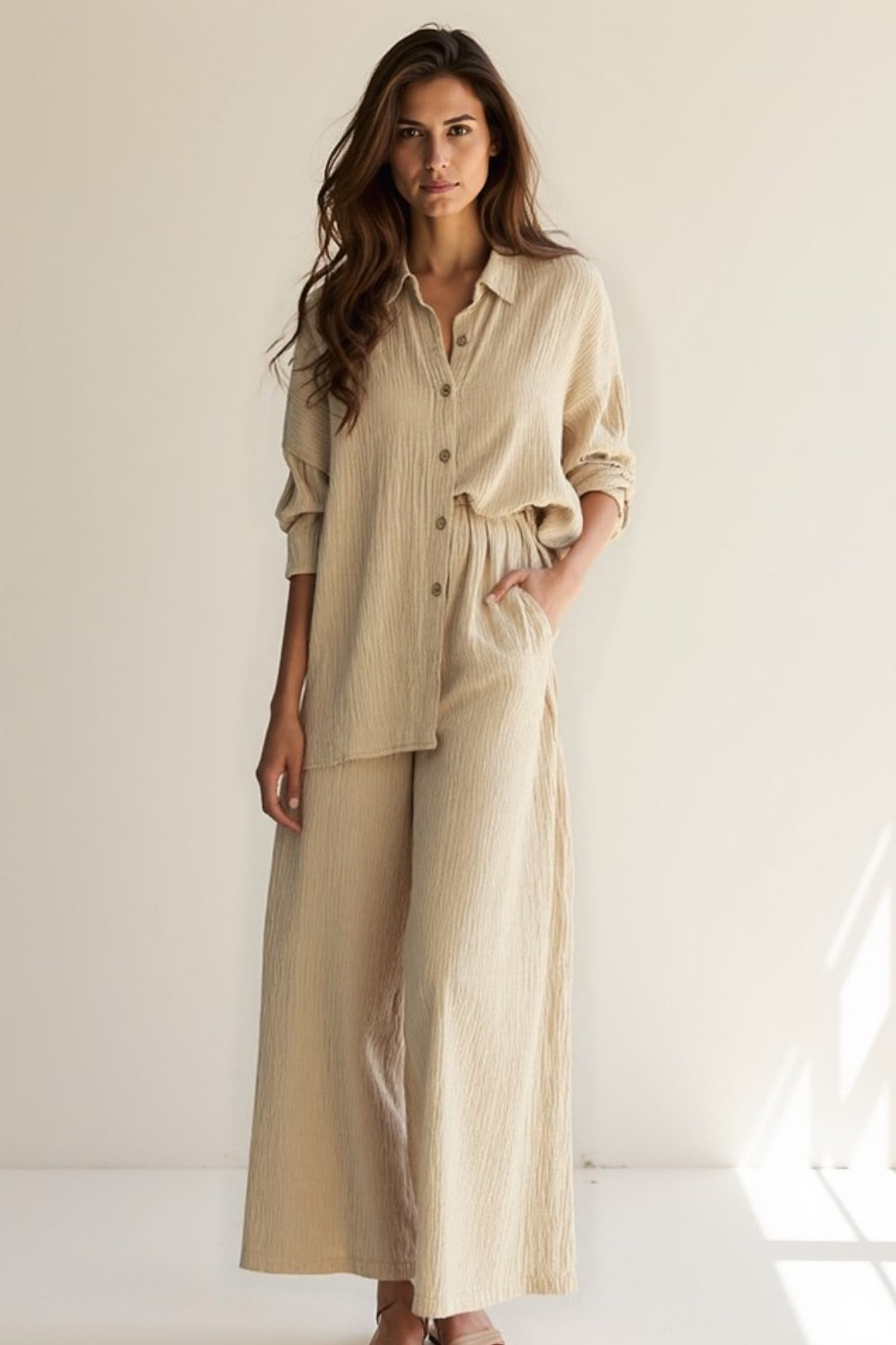 Damski Luźny Komplet | Koszula Oversize Na Guziki | Zwiewne Spodnie Wide Leg | Nowoczesny Styl Na Co Dzień