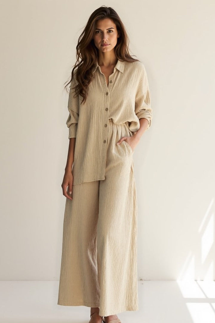 Damski Luźny Komplet | Koszula Oversize Na Guziki | Zwiewne Spodnie Wide Leg | Nowoczesny Styl Na Co Dzień