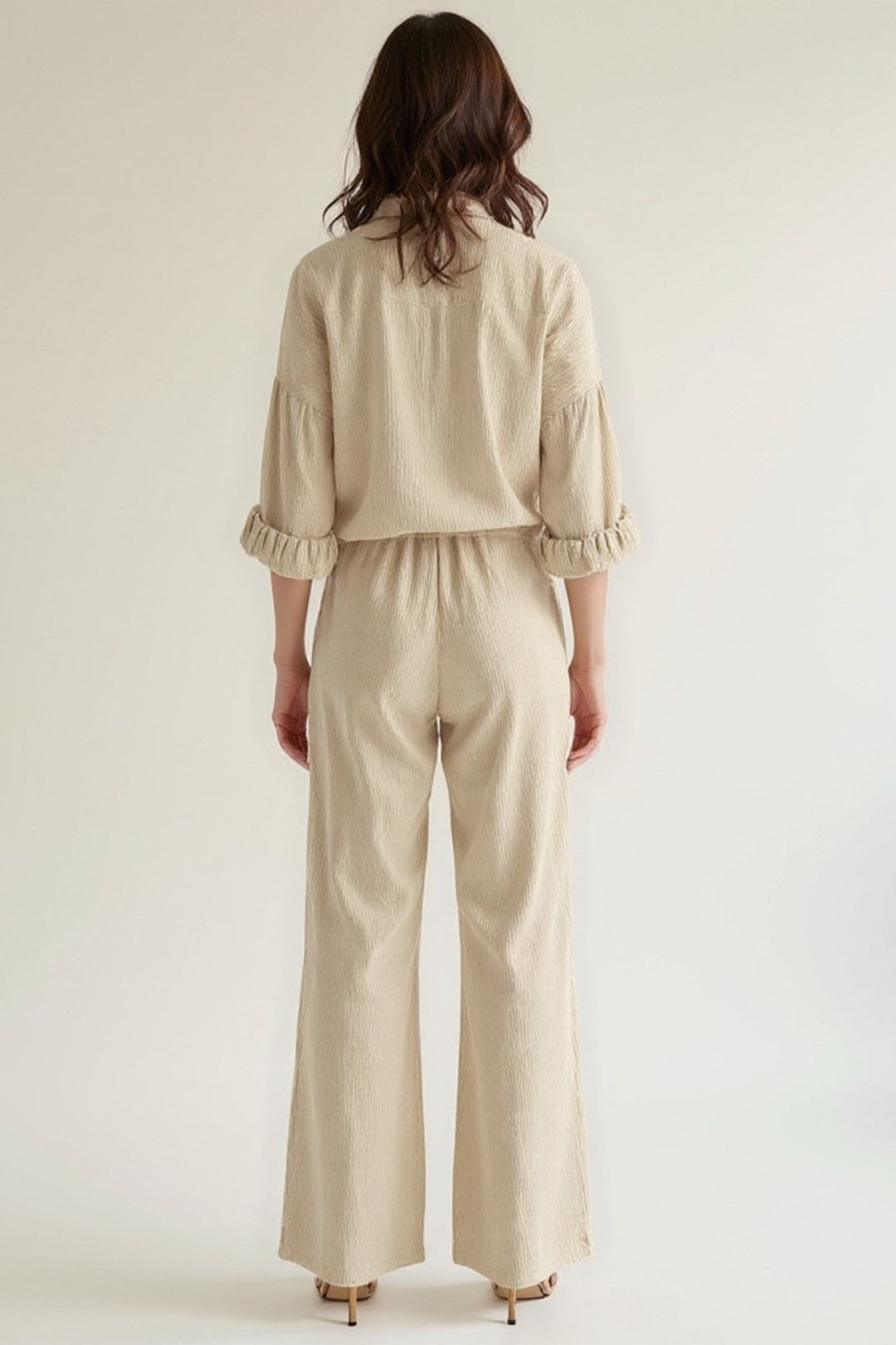 Damski Luźny Komplet | Koszula Oversize Na Guziki | Zwiewne Spodnie Wide Leg | Nowoczesny Styl Na Co Dzień