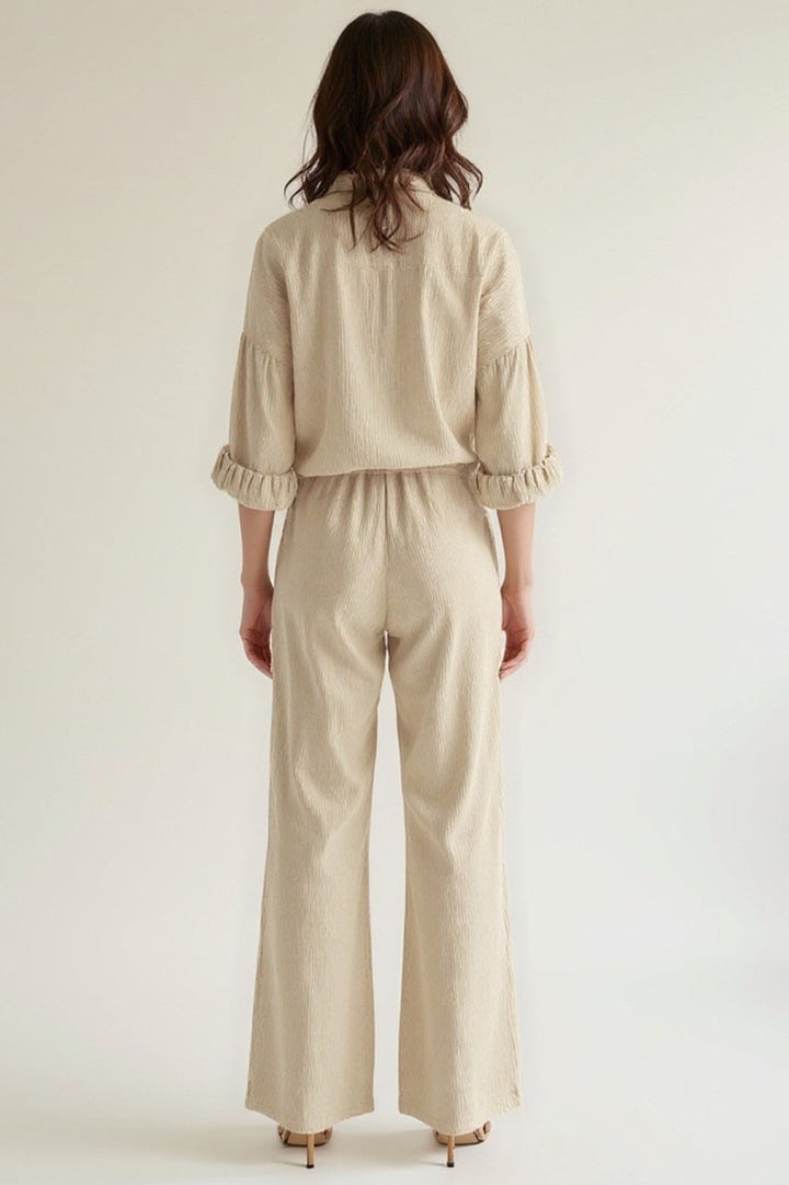 Damski Luźny Komplet | Koszula Oversize Na Guziki | Zwiewne Spodnie Wide Leg | Nowoczesny Styl Na Co Dzień