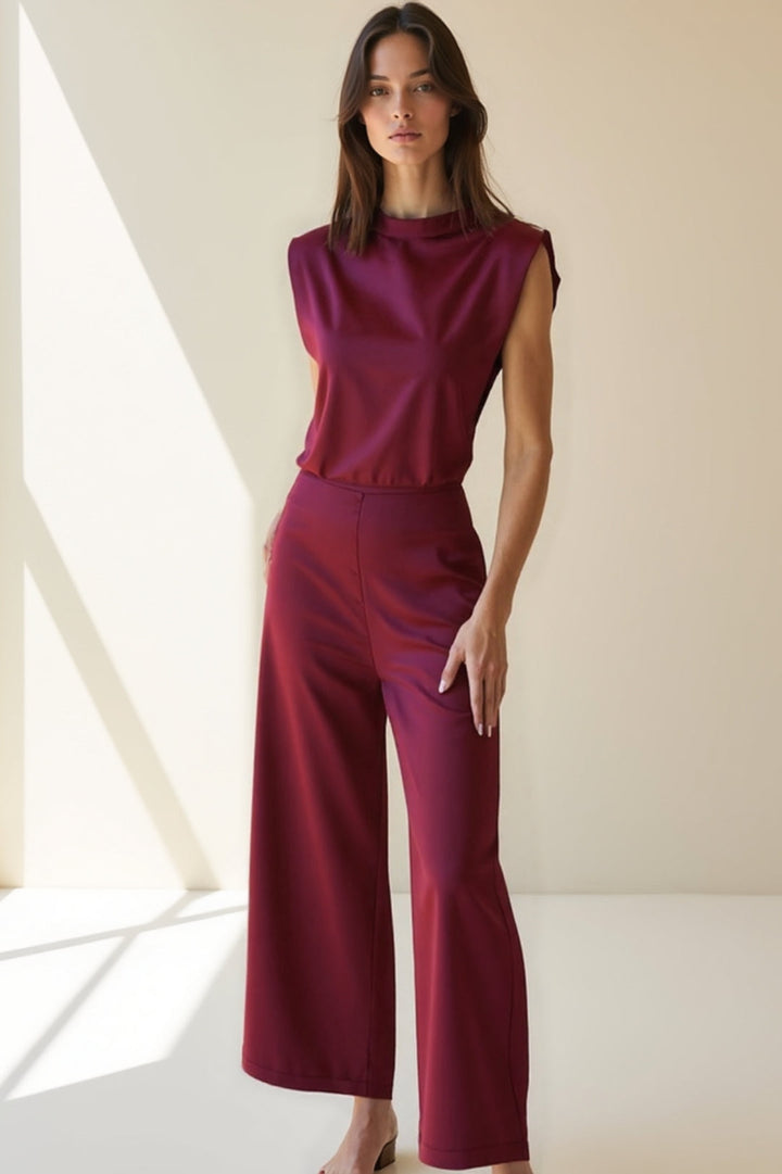 Damski Elegancki Komplet | Zwiewny Top Bez Rękawów | Szerokie Spodnie Wide Leg | Nowoczesny Kobiecy Styl