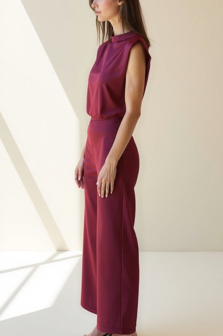 Damski Elegancki Komplet | Zwiewny Top Bez Rękawów | Szerokie Spodnie Wide Leg | Nowoczesny Kobiecy Styl