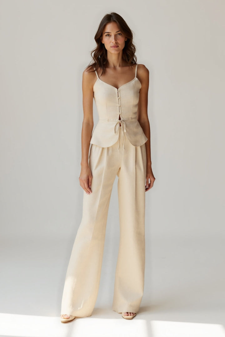 Damski Komplet Dwuczęściowy | Komplet Regular Fit z Topem Wiązanym i Spodniami Wide Leg | Regulowane Wiązanie Z Przodu | Elegancki Styl Letni