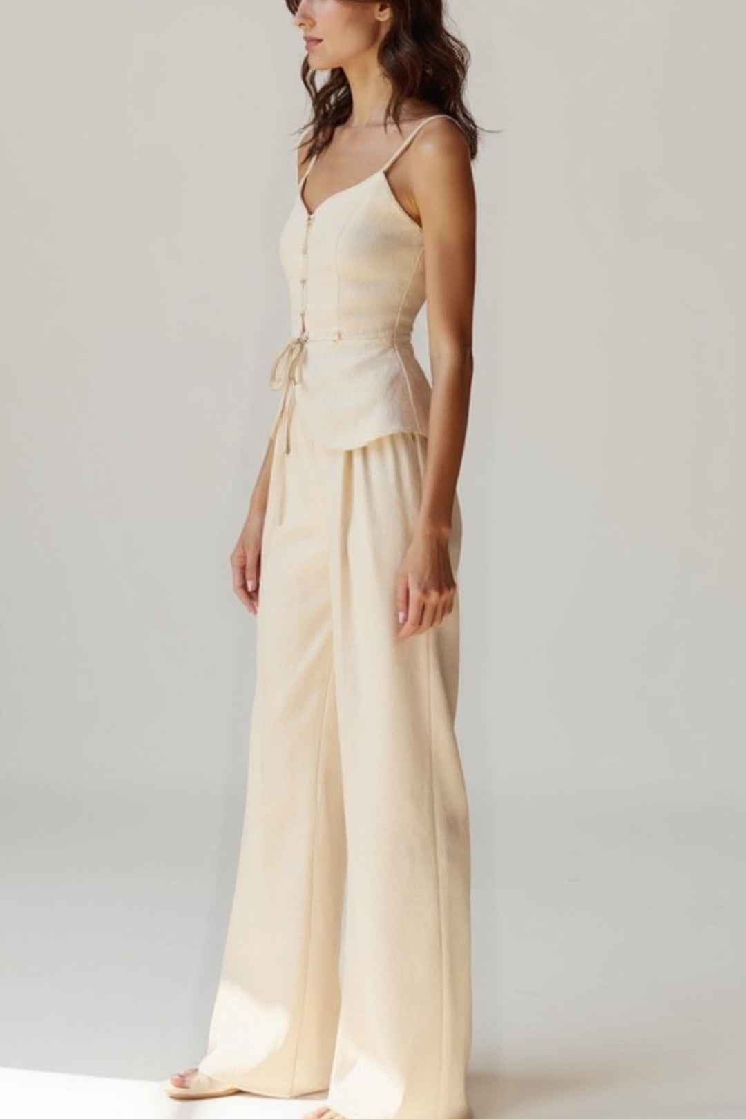 Damski Komplet Dwuczęściowy | Komplet Regular Fit z Topem Wiązanym i Spodniami Wide Leg | Regulowane Wiązanie Z Przodu | Elegancki Styl Letni