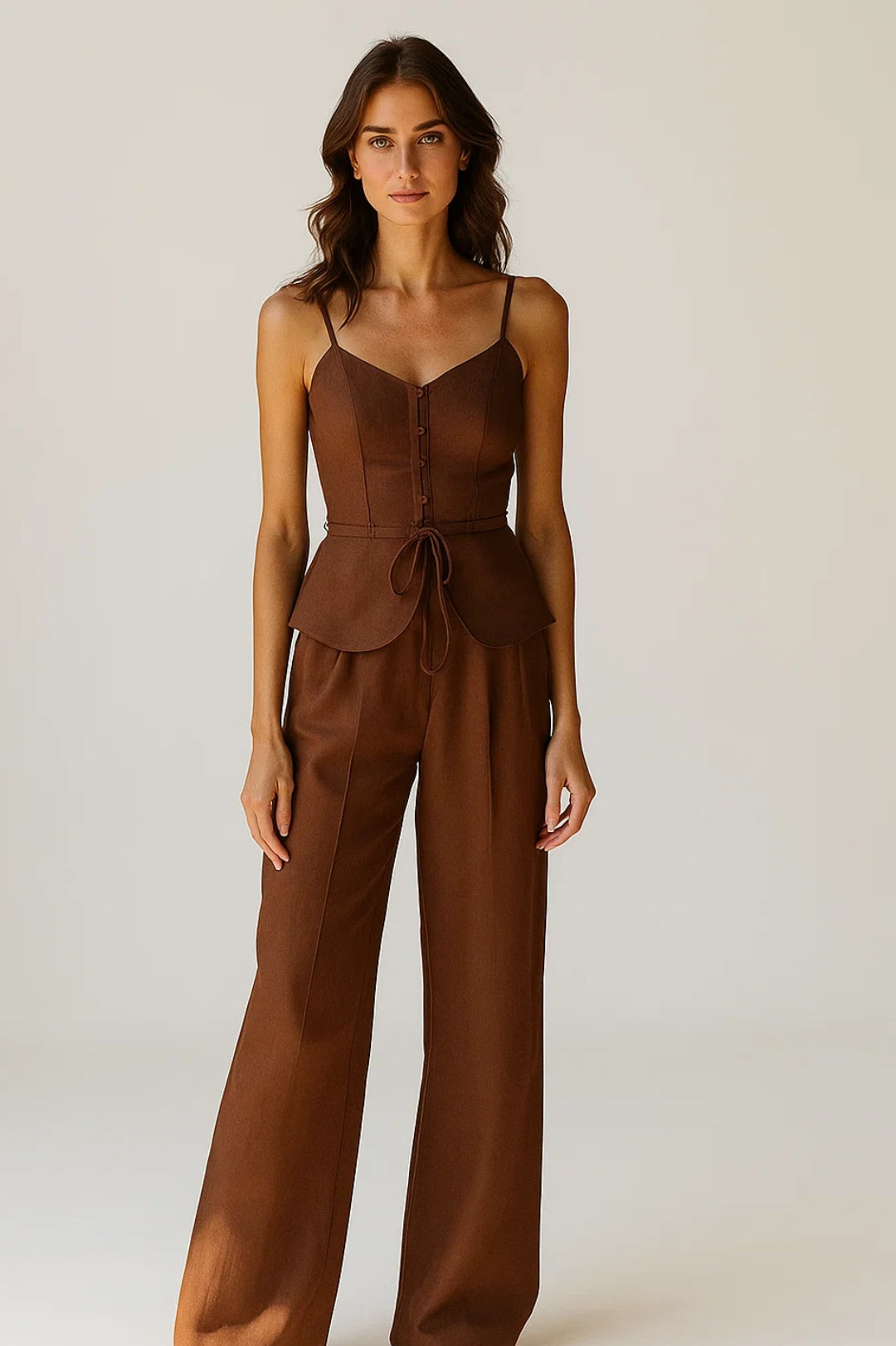 Damski Komplet Dwuczęściowy | Komplet Regular Fit z Topem Wiązanym i Spodniami Wide Leg | Regulowane Wiązanie Z Przodu | Elegancki Styl Letni