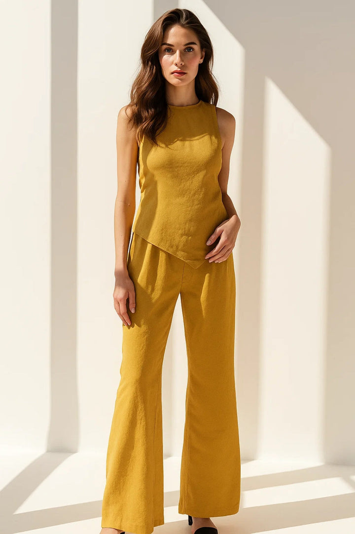 Damski Komplet Casual Chic | Minimalistyczny Top Bez Rękawów | Zwiewne Szerokie Spodnie | Nowoczesny Kobiecy Styl