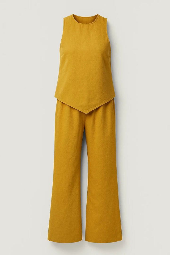 Damski Komplet Casual Chic | Minimalistyczny Top Bez Rękawów | Zwiewne Szerokie Spodnie | Nowoczesny Kobiecy Styl