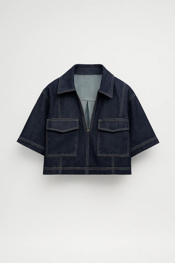 Damski Komplet Denim Style | Krótka Koszula Na Guziki | Asymetryczna Mini Spódnica | Nowoczesny Styl Casual