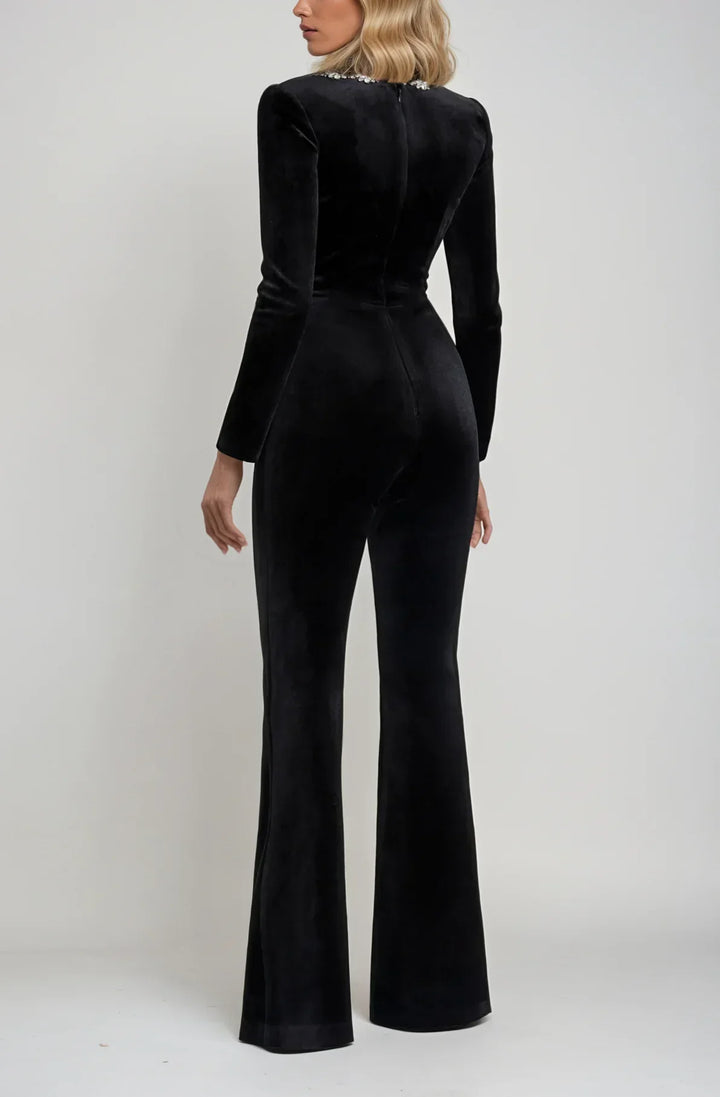 Women's Square Neckline Lace Trim Flared Leg Jumpsuit | Long Sleeve