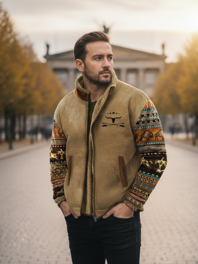 Callum | Męska Kurtka Zimowa o Regularnym Kroju w Stylu Polarowym ze Stójką i Wzorzystymi Rękawami