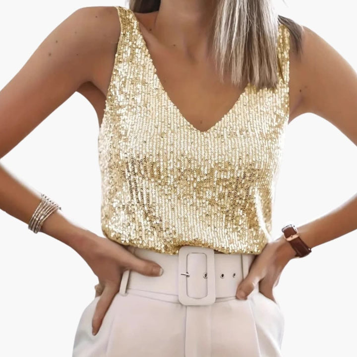 Damski Top | Luźny Top z Cekinowymi Detalami | Dekolt V | Elegancki Styl Wieczorowy