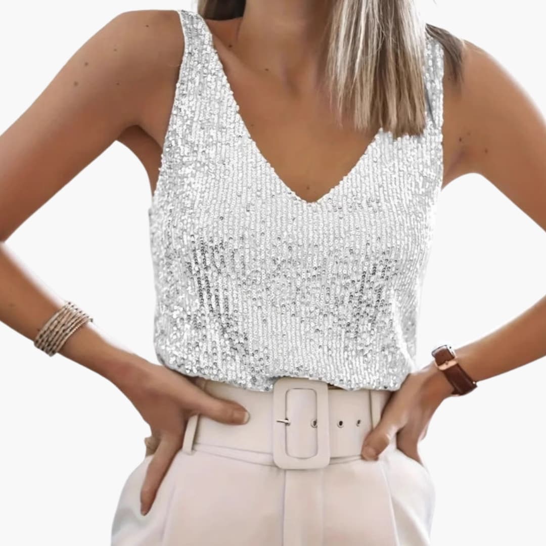 Damski Top | Luźny Top z Cekinowymi Detalami | Dekolt V | Elegancki Styl Wieczorowy