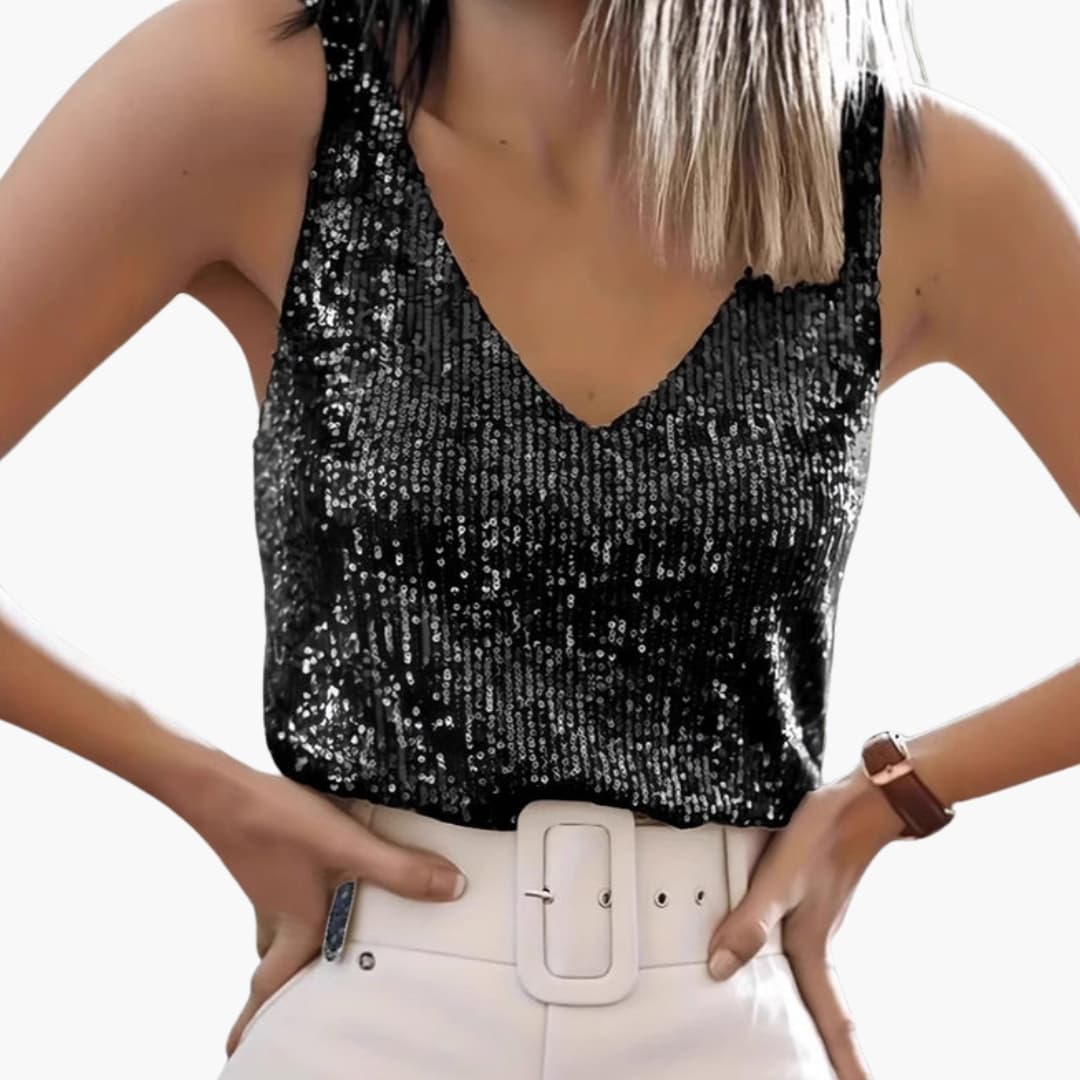 Damski Top | Luźny Top z Cekinowymi Detalami | Dekolt V | Elegancki Styl Wieczorowy
