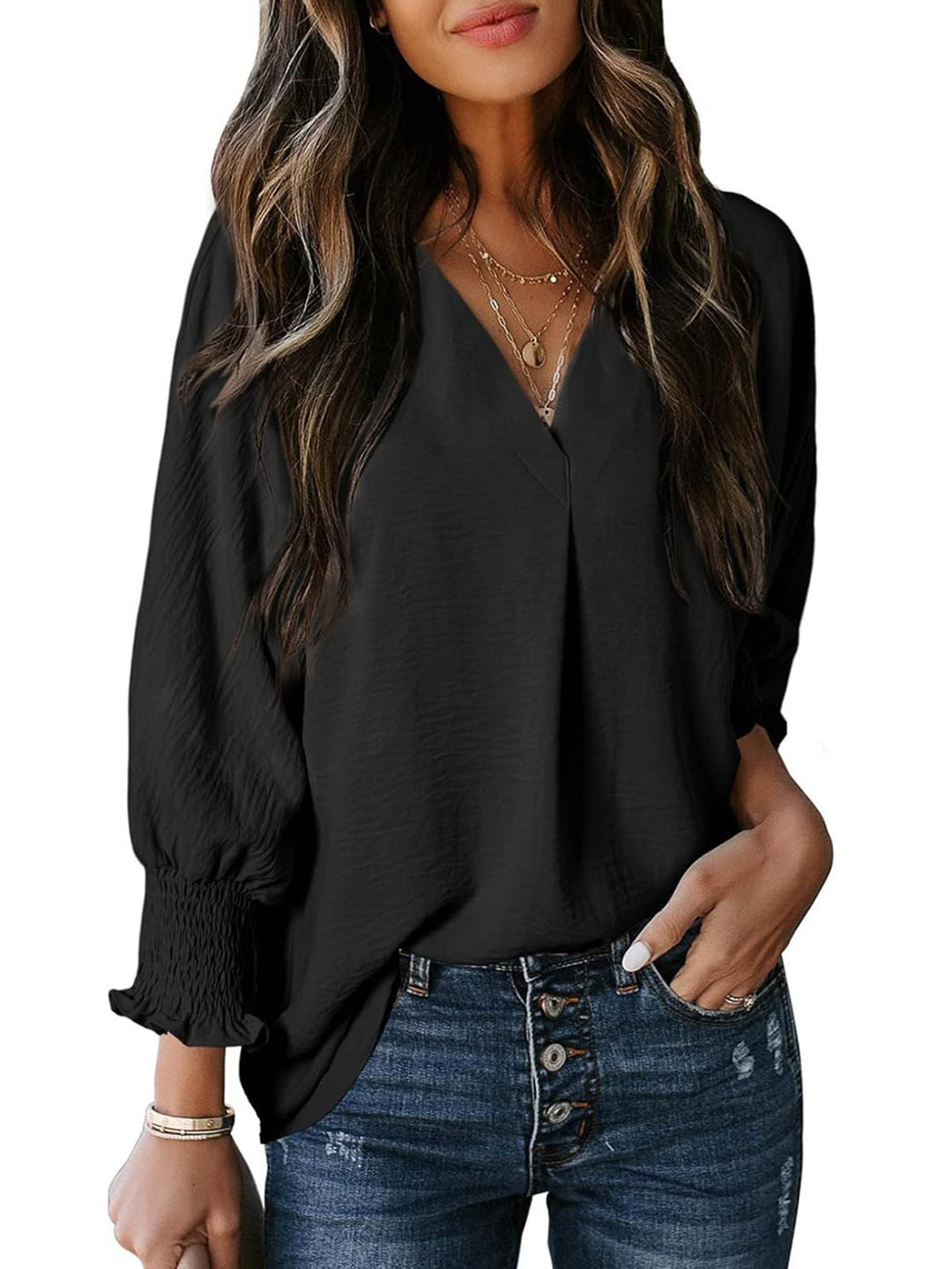 Women's Blouse | Loose Fit | V-Neck with Long Sleeves | Casual