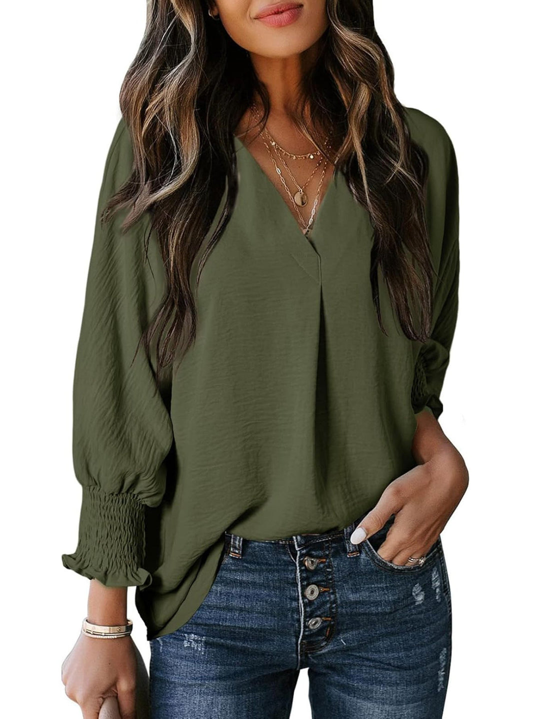 Women's Blouse | Loose Fit | V-Neck with Long Sleeves | Casual