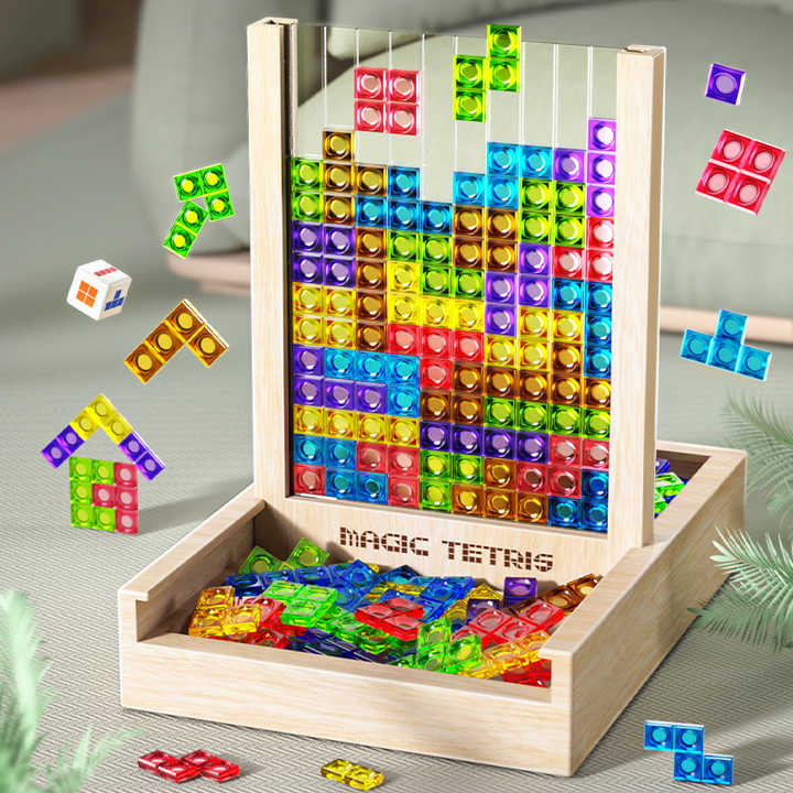 Drewniana układanka Tetris – kolorowa plansza do układania klocków z szufladką do przechowywania dla dzieci i dorosłych 1