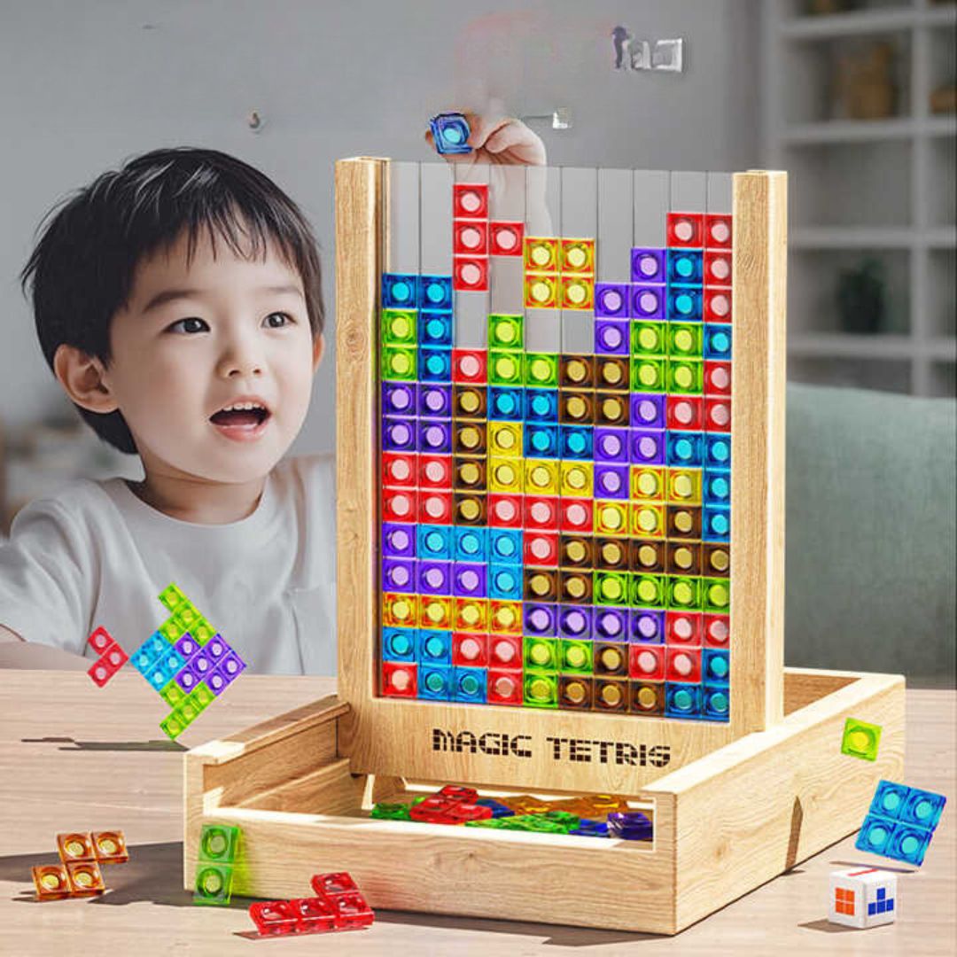 Drewniana układanka Tetris – kolorowa plansza do układania klocków z szufladką do przechowywania dla dzieci i dorosłych 2