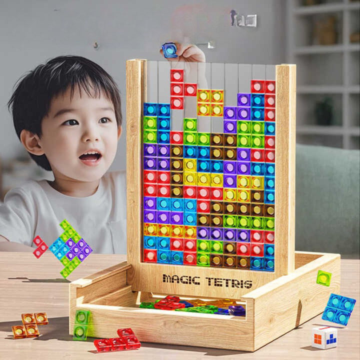 Drewniana układanka Tetris – kolorowa plansza do układania klocków z szufladką do przechowywania dla dzieci i dorosłych 2